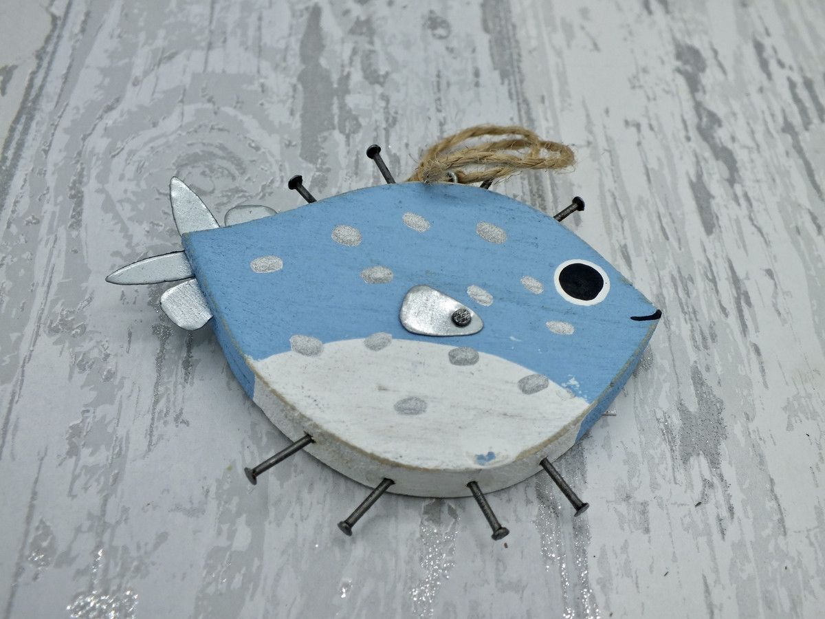 Pale Blue Wooden Puffer Fish 