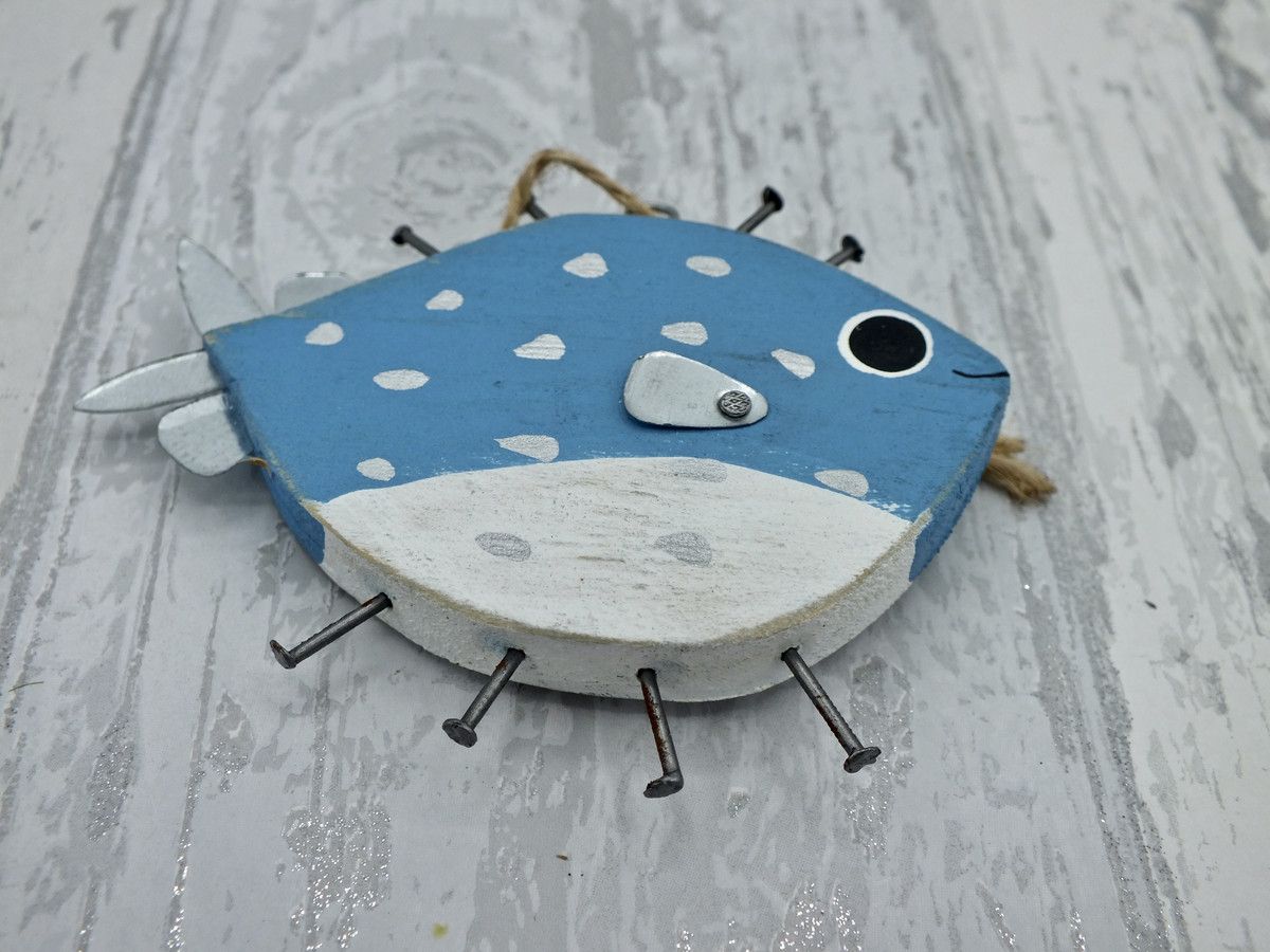 Mid Blue Wooden Puffer Fish