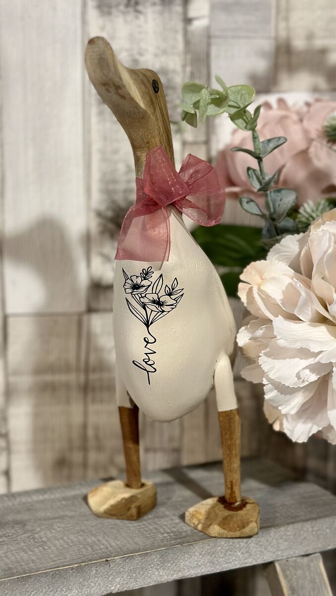 Love Floral Bouquet Wooden Duck