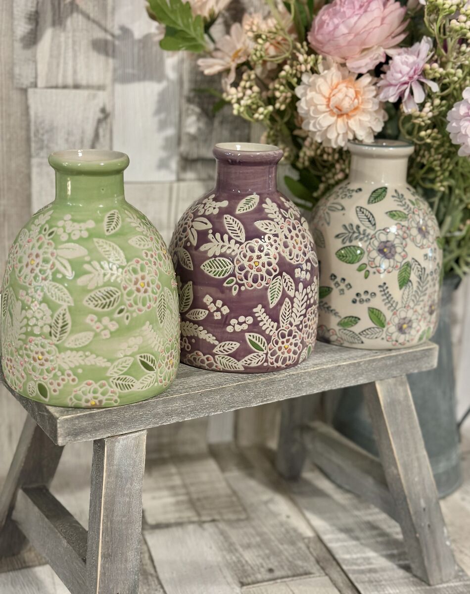 Floral Serenade Embossed Stoneware Vase 3a