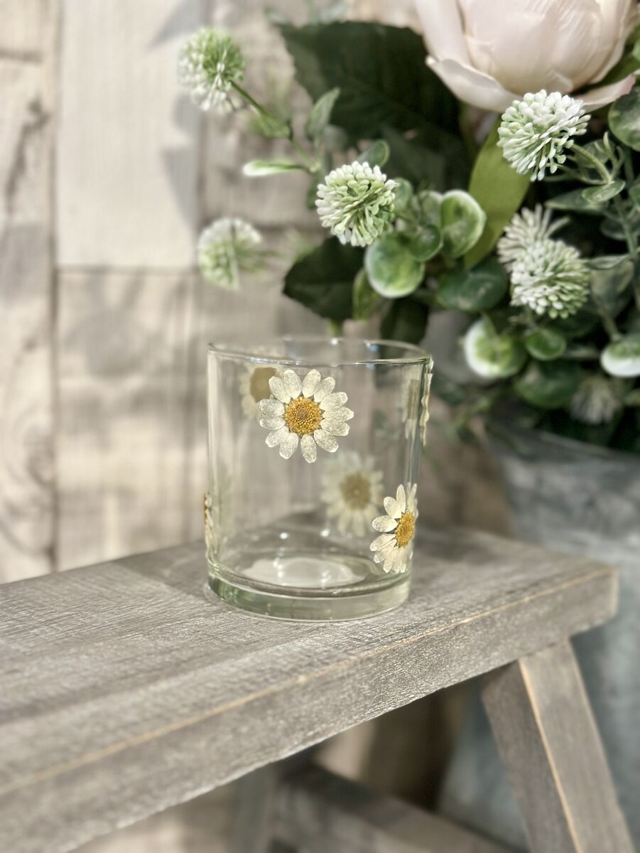 Pressed Daisies Glass Tealight Holder