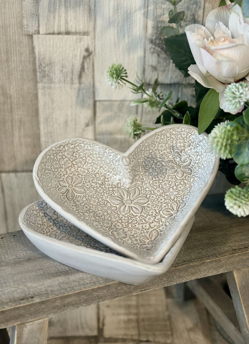 Large Ceramic White Embossed Flower Heart Dish