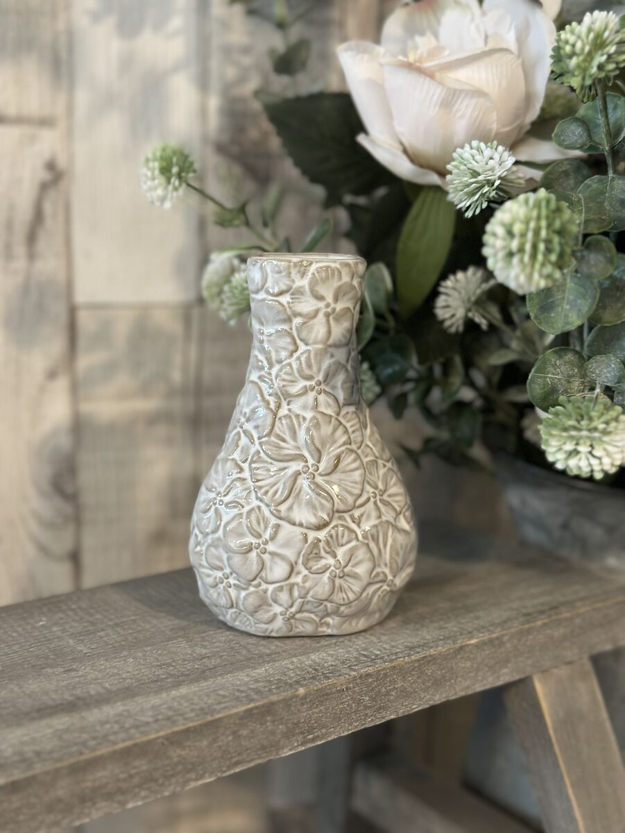 Short Stoneware White Embossed Flower Vase
