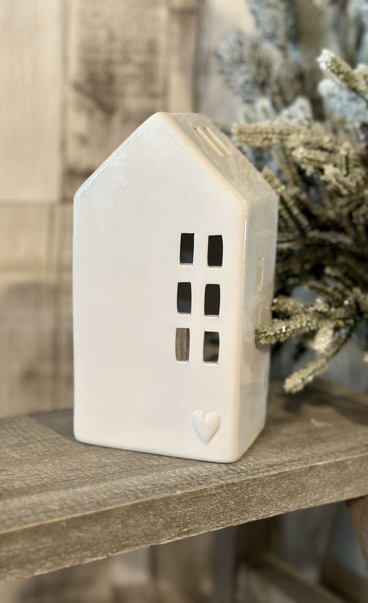 Medium White Ceramic Embossed Heart House Tealight Holder Medium White Ceramic Embossed Heart House Tealight Holder