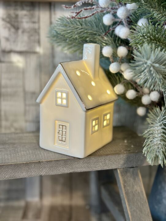 White &amp; Gold Ceramic LED House