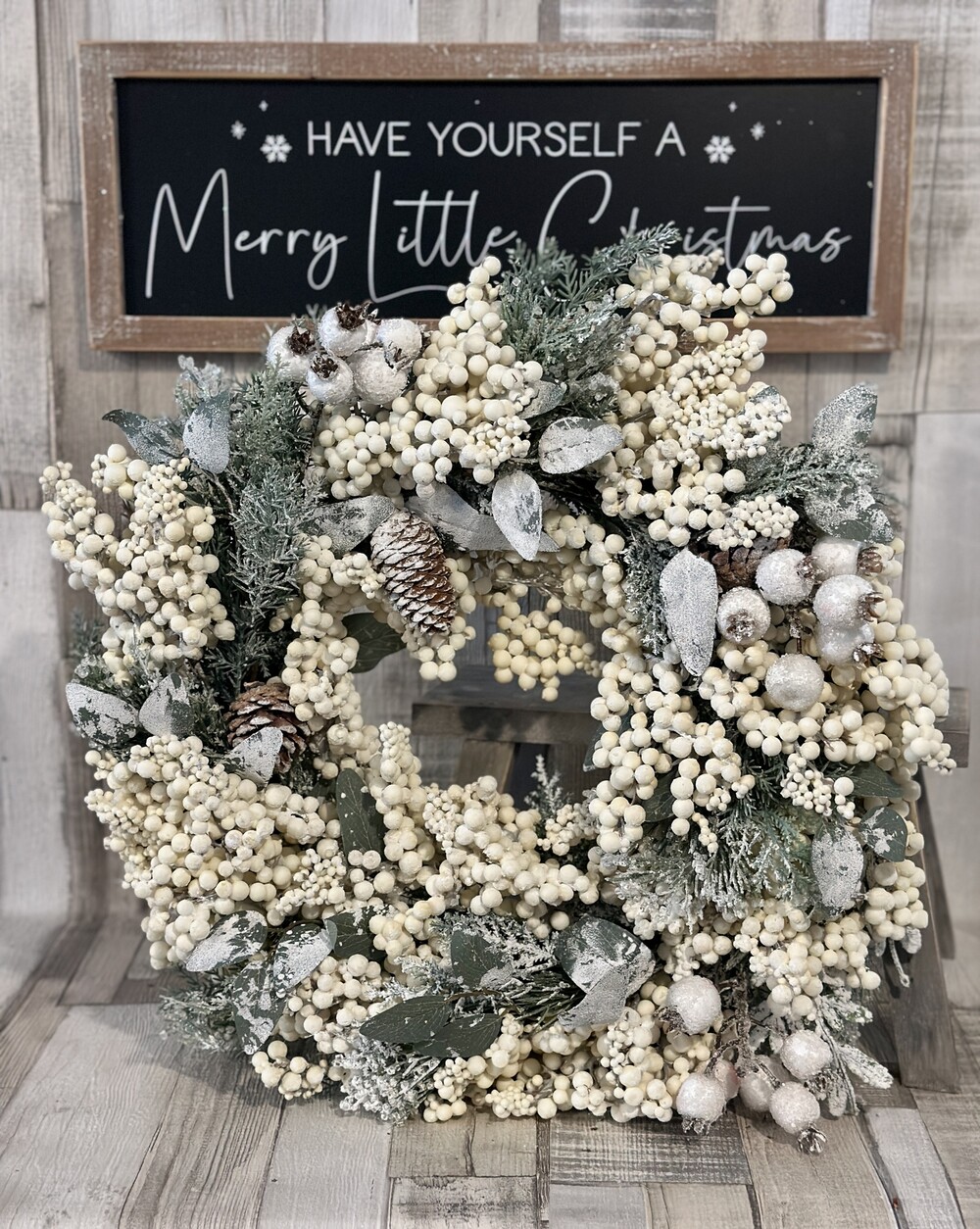 Snow Dusted Foliage &amp; White Berry Wreath