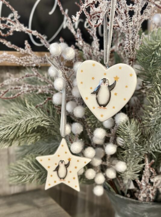 Baby's First Christmas Penguin Star/Heart Ceramic Hanger