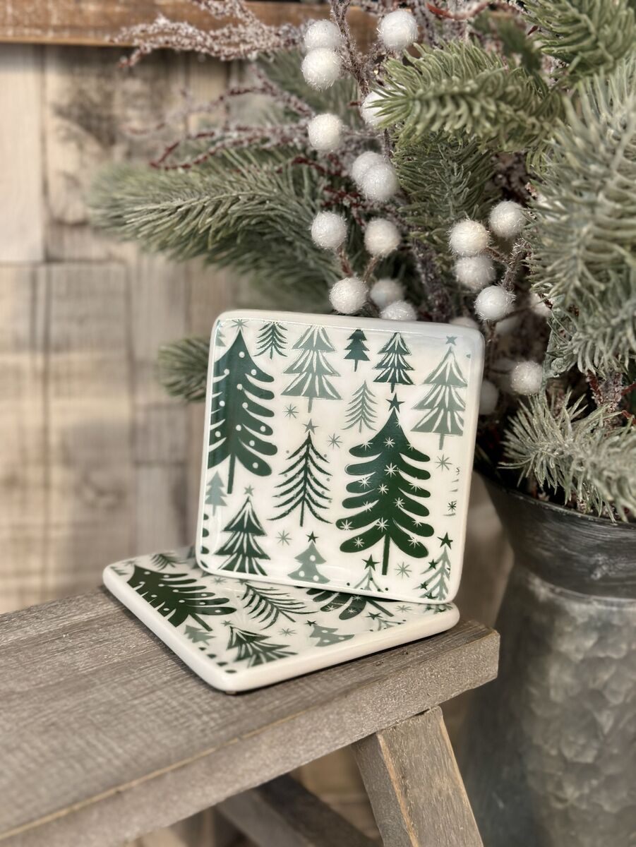 Green Fir Trees Porcelain Coaster