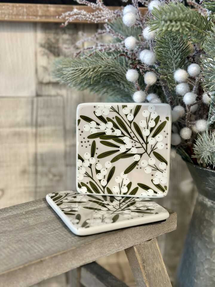 Ivory Mistletoe Porcelain Coaster