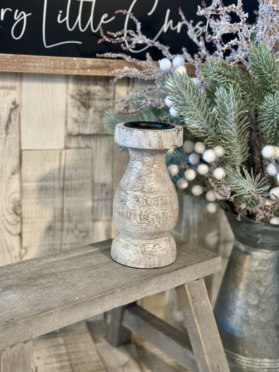 Small Rustic White Washed Pillar Candle Holder