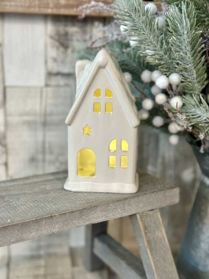 Small LED Rustic Snowy Star Glazed House