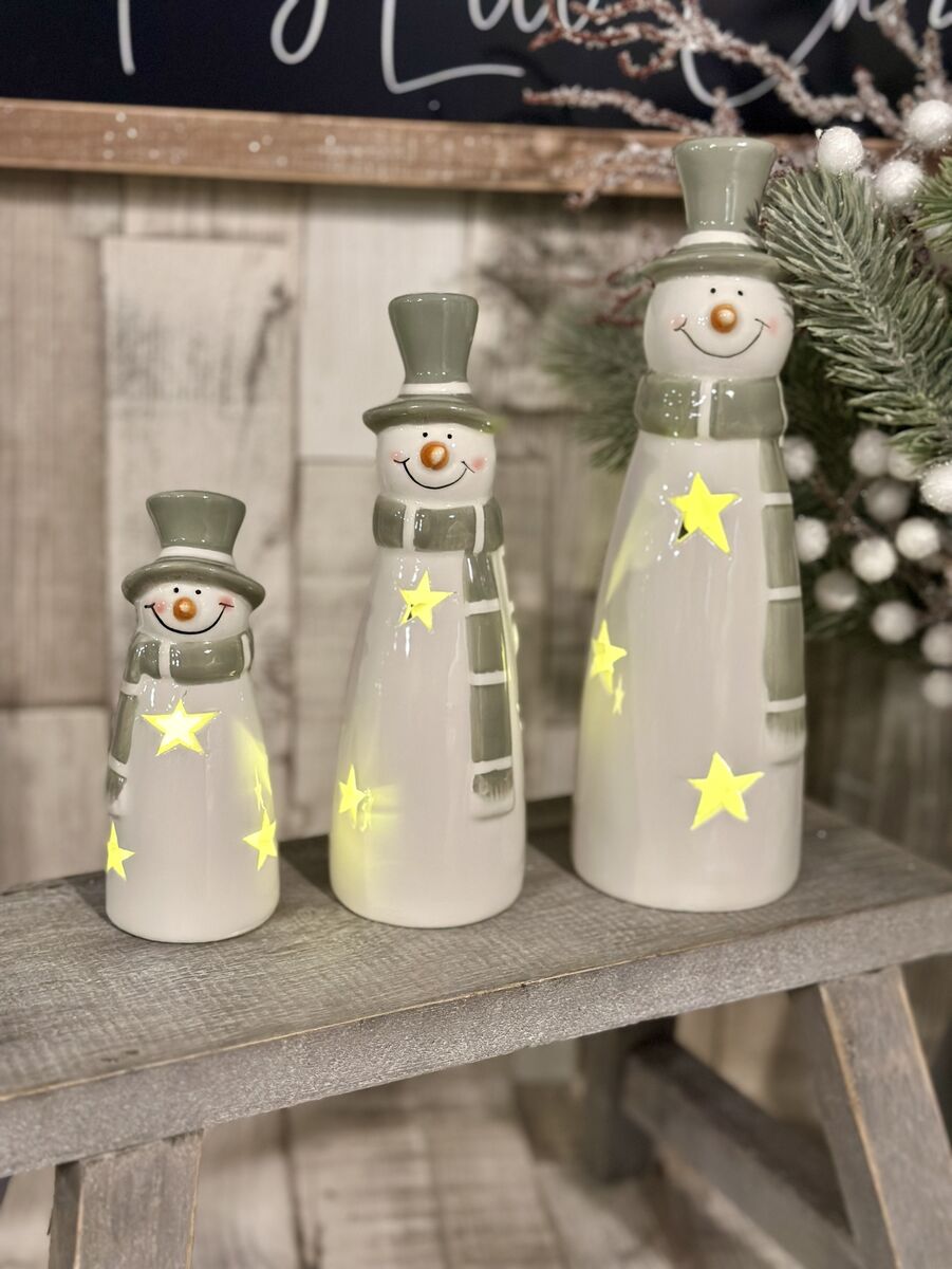 LED Green & White Ceramic Snowmen