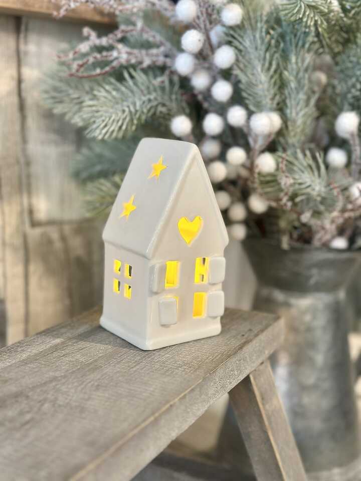 Small White Ceramic Dainty Heart House T-Light Holder