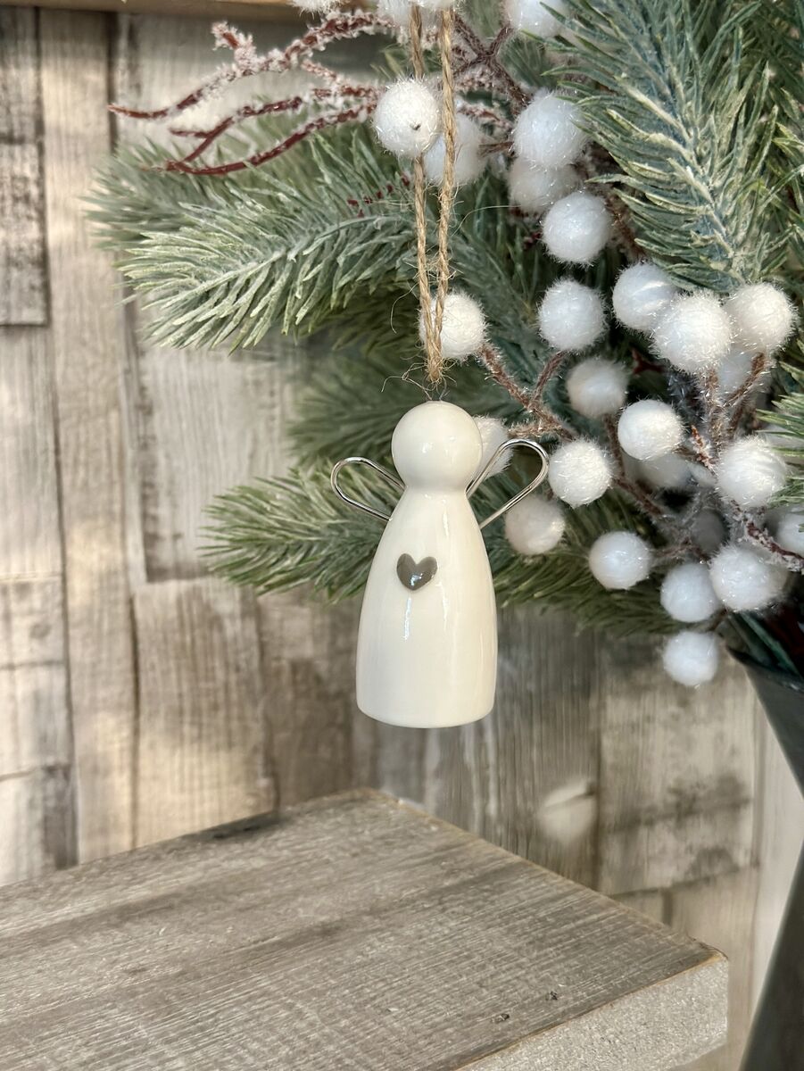 Hanging White & Grey Heart Porcelain Angel