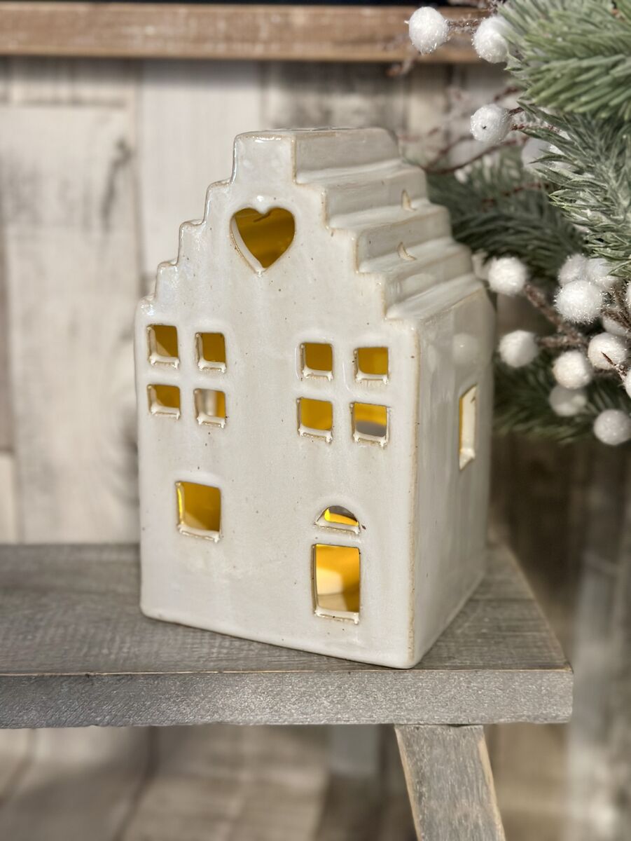 Large Rustic Glazed Heart House T-Light Holder