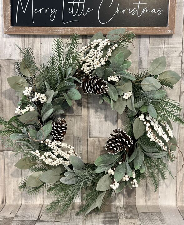Winter Foliage, White Berry &amp; Pine Cone Winter Whispers Wreath 