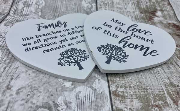 Set of two family and home wooden heart coasters 