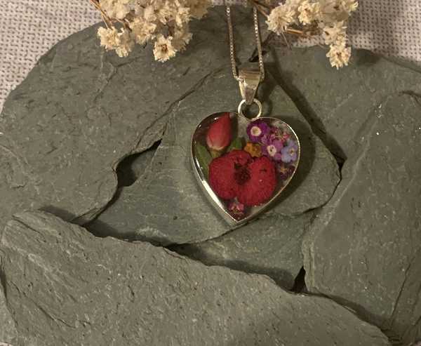 Sterling Silver Mixed Flower Medium Heart Necklace