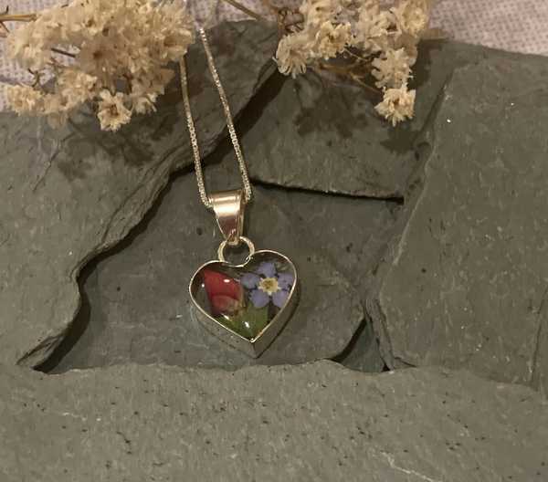 Sterling Silver Rose And Forget Me Not Small Heart Necklace