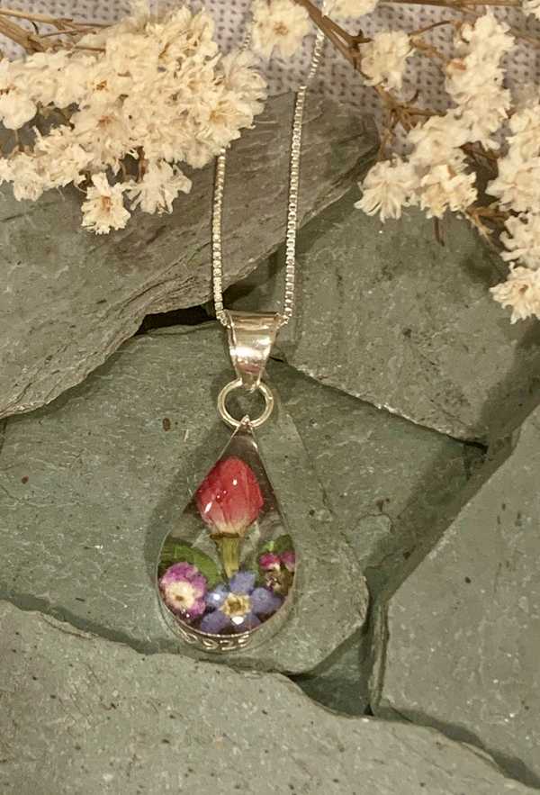 Sterling Silver Teardrop Mixed Flower Necklace
