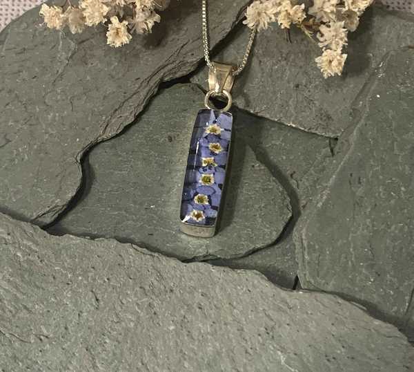 Sterling Silver Rectangular Forget Me Not Necklace