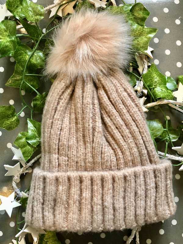 Dusky Pink Knitted Faux Fur Bobble Hat