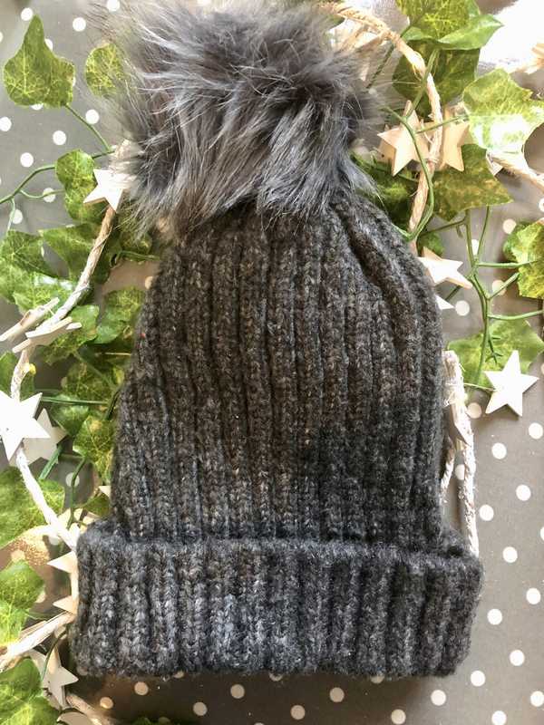 Dark Grey Knitted Faux Fur Bobble Hat