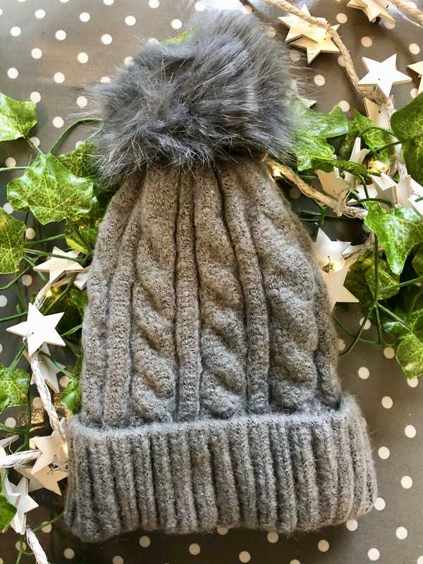 Grey Cable Knit Faux Fur Pom Pom Hat