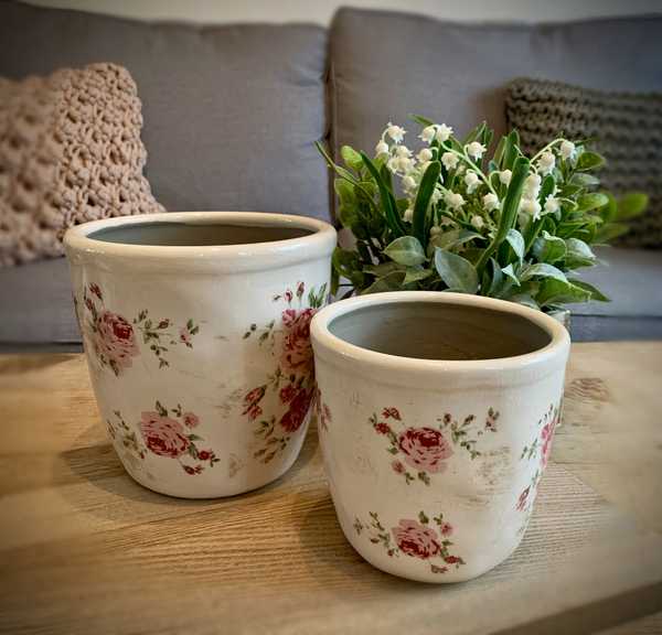 Set Of Two Rose Stoneware Planters