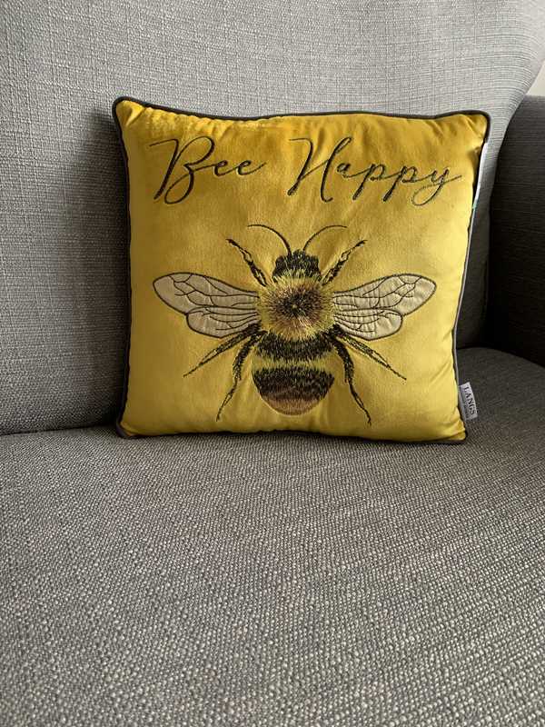 Bee Happy Mustard Velour Cushion