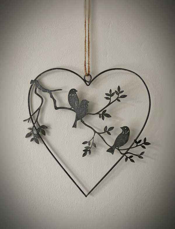 Grey Metal Bird Heart Hanger