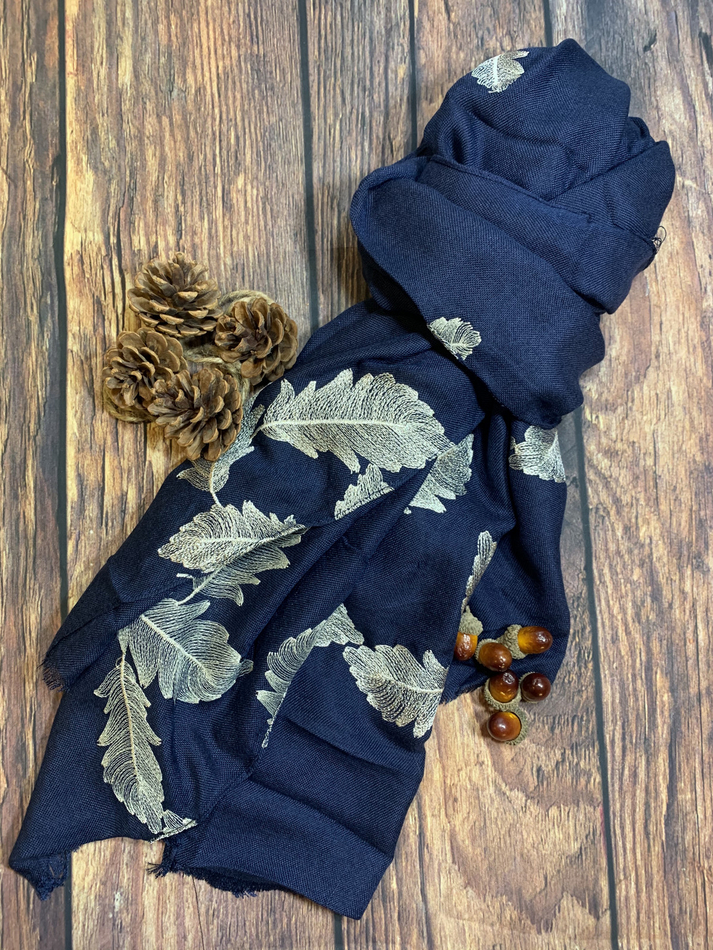 Navy Blue Embroidered Feather Scarf Shop So Sophie
