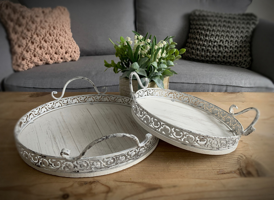 Set Of Two Shabby Chic Round Metal Trays Shop So Sophie
